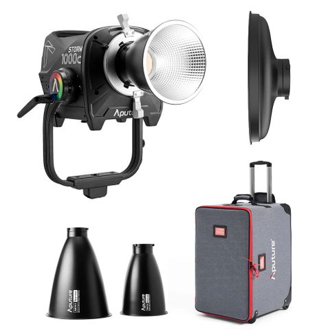 Aputure Storm 1000c RGB LED Light Inc CF12 Fresnel & Barndoors