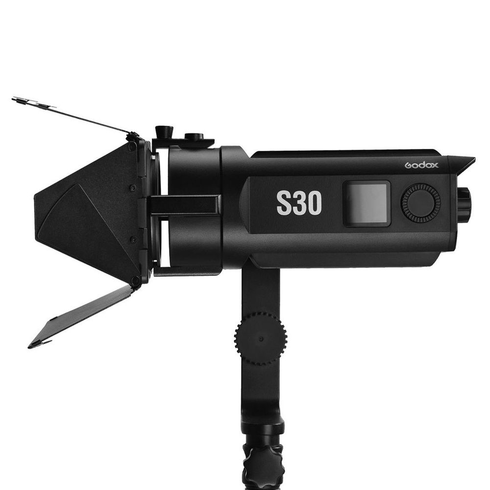 Godox S30 30W Focusing LED Continuous Adjustable Light Spotlight with Barn Door for Professional Photography for Film and Video Production/Still Life Shooting/Wedding Shooting 