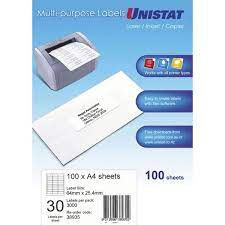 A4 UNISTAT LABELS 30/SHEET 64x25 100SHEETS/PACK