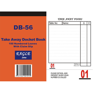 TAKEAWAY DOCKETBOOK NUMBERED CLAIM SLIP DB56 1/ONLY 100/CTN