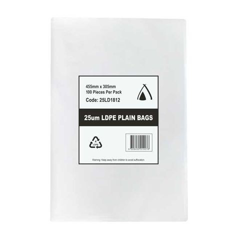 POLY BAG LD 25um 12x18 305x405mm 100/PK 10PKS/CTN