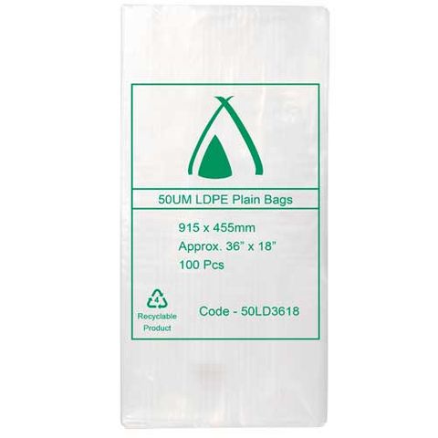 POLY BAG LD 50um 18x36 450x800mm 100/PK 5PKS/CTN