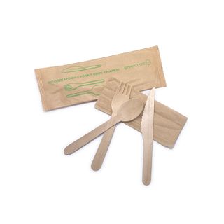 WOODEN KNIFE/FORK/SPOON/NAPKIN SET 100/PAK 4PAK/CTN