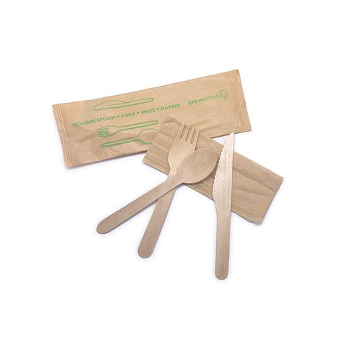 WOODEN KNIFE,FORK,SPOON & NAPKIN SET    50PK    8PKS/CTN
