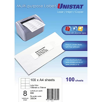 A4 UNISTAT LABELS 8//SHEET 105x74mm  100SHEETS/PACK