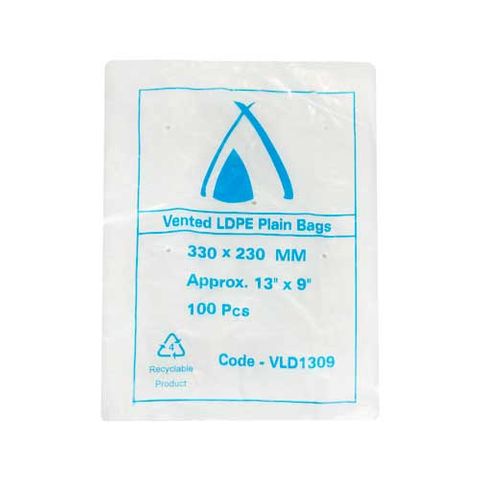 POLY BAG LD VENTED 13x9 30um 330 x 230mm 100/PK 10PAKS/CTN