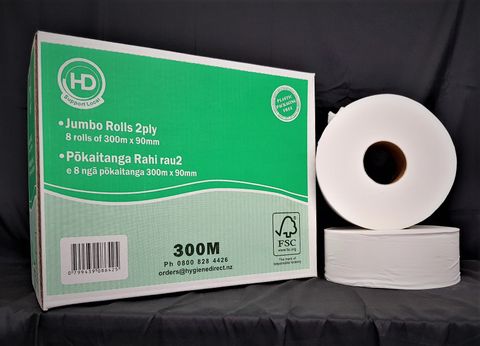 HD Jumbo Toilet Rolls 2ply 300mtr x 8 rolls non-perforated