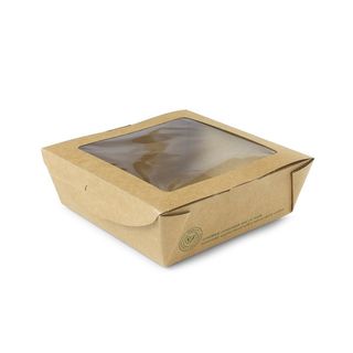 Medium PLA Kraft Pasta/Salad Box (window) Square - 650ml - Ctn 300