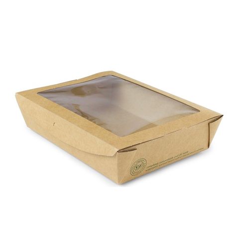 Large PLA Kraft Pasta/Salad Box (window) - 1100ml - Ctn 300