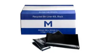 Black Recycled Bin Liner w/Handles 60L - 50pk - 650x900mm (30mu)