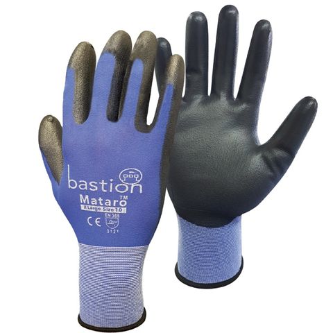 Bastion Mataro™ Blue Nylon Gloves Black Polyurethane Coating - Medium (Pair)