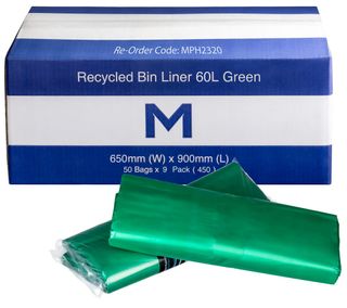 60ltr Green Recycled Rubbish Bags 650x900mm -50pk