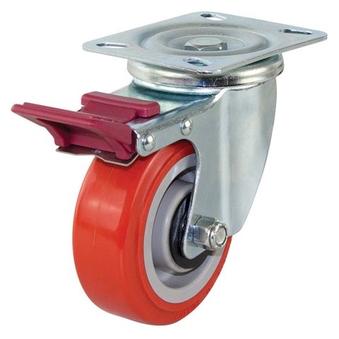 CASTOR SWIVEL 100MM RED POLY ON NYLON WITH BRAKE