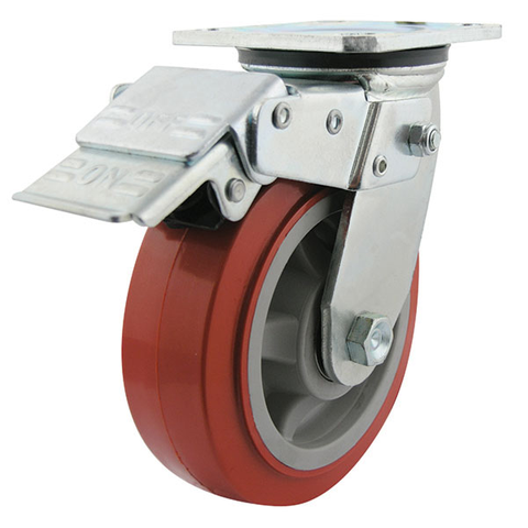 CASTOR SWIVEL 150MM HEAVY DUTY RED POLY WITH BRAKE