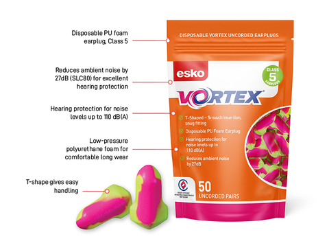 ESKO VORTEX T SHAPED CLASS 5 HI-VIS EARPLUG 50 PAIR POUCH