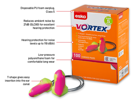 ESKO VORTEX EARPLUGS T-SHAPED CORDED