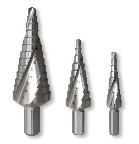 HSS STEP DRILL BITS 3PC SET 12MM/20MM/30MM SPIRAL FLUTE STRAIGHT SHANK