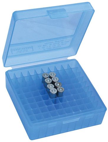  MTM 100 Round Flip-Top Ammo Box 38/357 Cal (Clear Blue