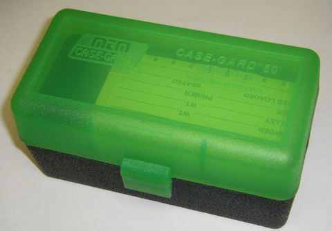 MTM 50RND AMMO BOX 22-250-308 CLEAR GREEN