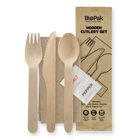 Biopak 16cm Wood Knife, Fork, Spoon & Napkin Salt & Pepper Set 100 units per slv