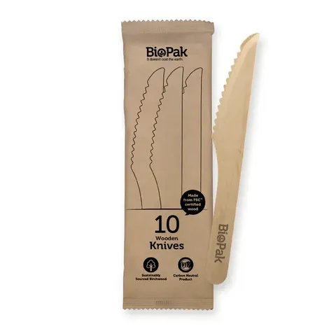 Biopak 10 Pack 16cm Wooden Knife In Paper Sleeves 320 units per ctn