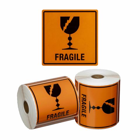 Matthews Fragile Handling Label Orange/Black 99x 99mm 500 Roll