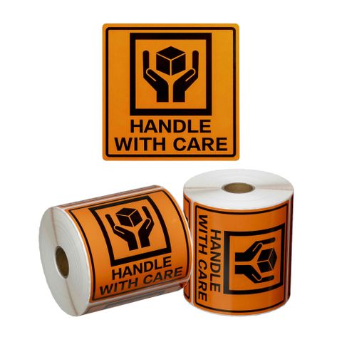 Matthews Handle With Care Label Orange/Black 99x99mm 500 Roll
