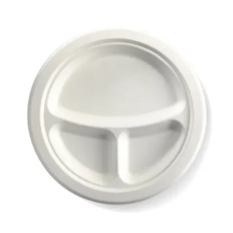 Biopak 23cm / 9" 3-Compartment Round Plant Fibre Plate 125 units per slve