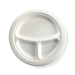 Biopak 23cm / 9" 3-Compartment Round Plant Fibre Plate 125 units per slve