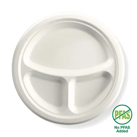 Biopak 25cm / 10" 3-Compartment Round Plant Fibre Plate 125 units per slve
