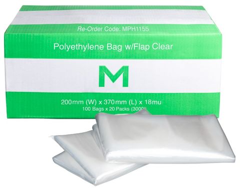 Matthews FP Polyethylene Bag w/Flap Clear, 200mm x 370mm x 18mu