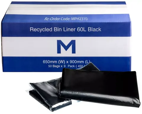 Matthews Recycled Bin Liner Black 60L / 600x900mm / 50 per Sleeve 30mu
