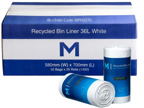 Matthews 36L White Recycled Bin Liner With Handles 50Roll