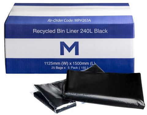 Matthews FP Recycled Bin Liner 240L Black, 1125mm x 1500mm x 40mu
