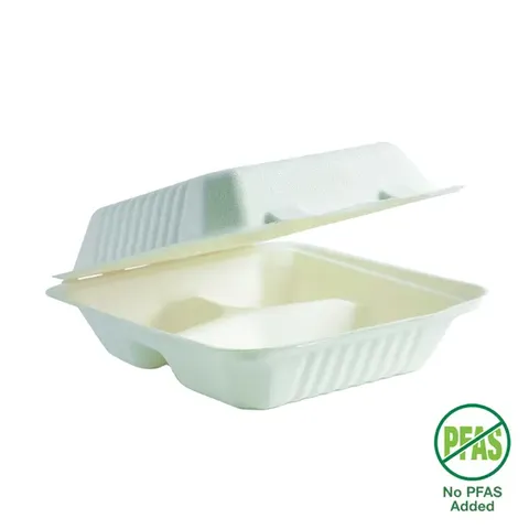 Biopak 7.8x8x3in 3 Compartment White Clam Shell 100 units per slve