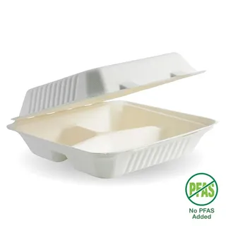 Biopak 9x9x3 3 Compartment White Clam Shell 100 units per slve