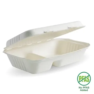 Biopak 9x6x3in 2-Compartment White Plant Fibre Clamshelll 125 units
