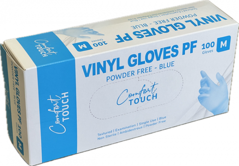 Comfort Touch Medium Blue Vinyl Gloves Powder Free 100 pk