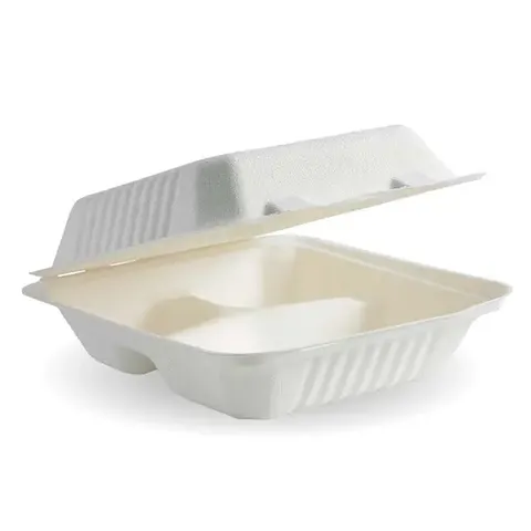 Biopak 7.8x8x3in 3 Compartment White Clam Shell 100 units per slve