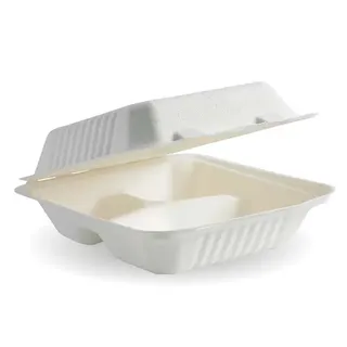 Biopak 7.8x8x3in 3 Compartment White Clam Shell 100 units per slve