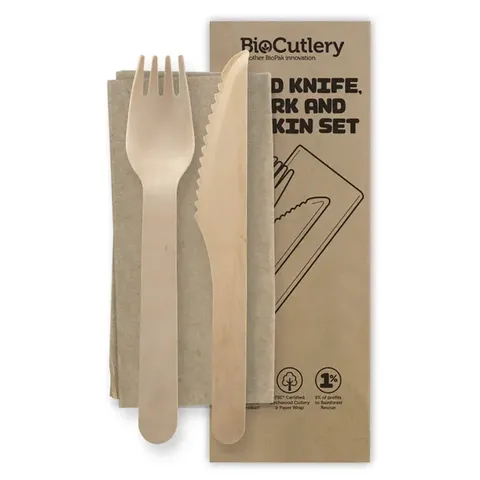 Biopak 16cm Wood Knife, Fork & Napkin Set 100 units per slve