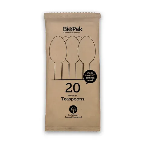 Biopak 20 Pack 10cm Wooden Teaspoon 320 units per ctn