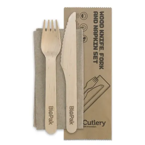 Biopak 16cm Coated Wood Knife, Fork & Napkin Set 100 units per slve