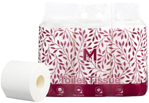 Matthews Luxury Unwrapped Toilet Tissue Boxed White, 3 Ply, 250 Sheets, 12 Pack