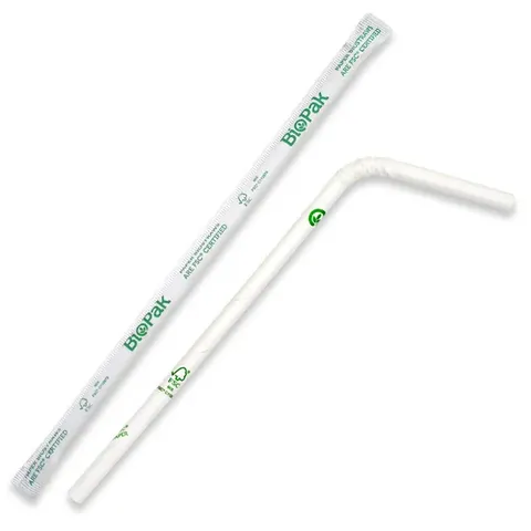 Biopak 6mm Individual Wrapped Bendy White Straw 250 units per slve