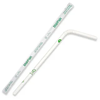 Biopak 6mm Individual Wrapped Bendy White Straw 250 units per slve