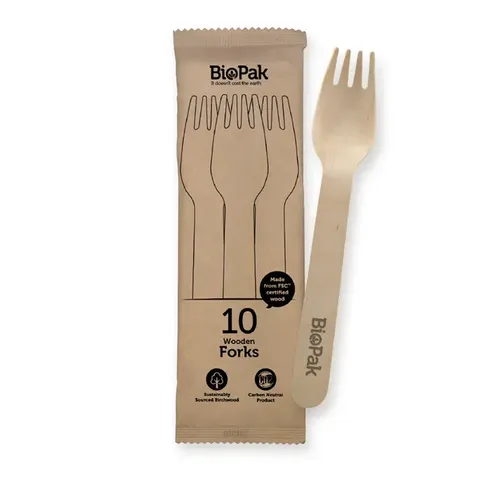 Biopak 10 Pack 16cm Wooden Fork In Paper Sleeves 200 units per ctn