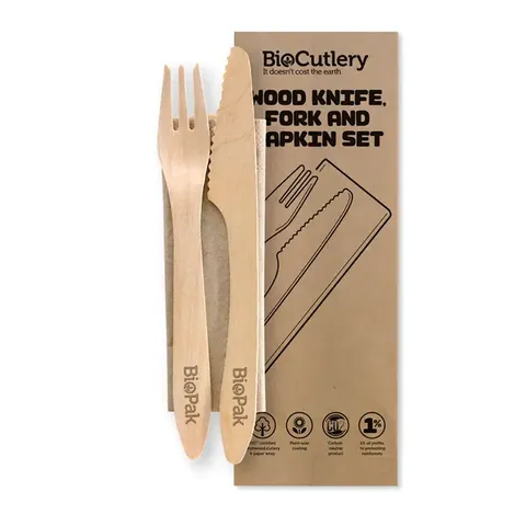 Biopak 19cm Coated Wood Knife, Fork & Napkin Set 100 units per slve