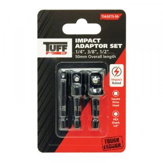 TUFF IMPACT ADAPTOR BIT SET 3pc 1/4 HEX SHANK TO 1/4dr 3/8dr 1/2dr