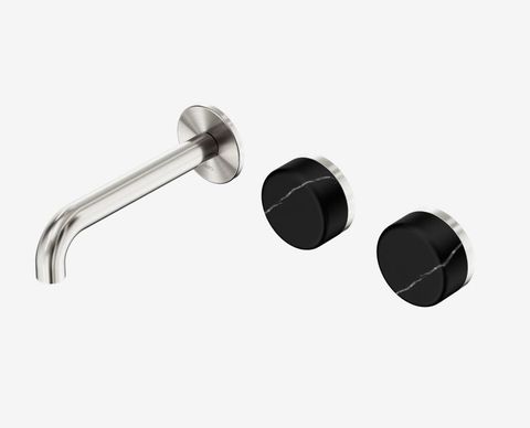 Serenity Wall Basin Set 160mm Offset Spout With Marquina Black Handle Brushed Ni